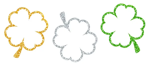 Ensemble Trois Shamrocks Encadrés Scintillant Argent Vert — Image vectorielle