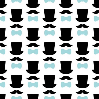 Dikişsiz Desen Silindir Bıyık Ve Papyon Siyah Ve Mavi