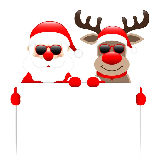 Santa Claus Reindeer Sunglasses Holding White Label — Stock Vector