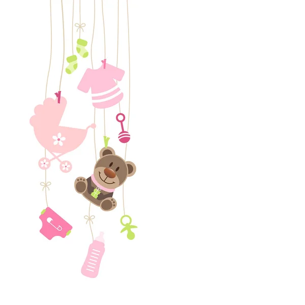 Left Hanging Baby Icons Teddy Girl Bow Pink Green — стоковый вектор