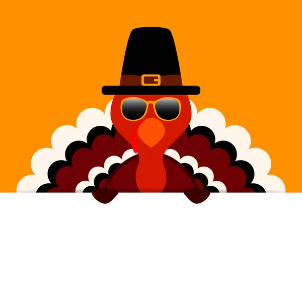 Thanksgiving Turkey Sunglasses Pilgrim Holding Horizontal Banner Orange — Stock Vector