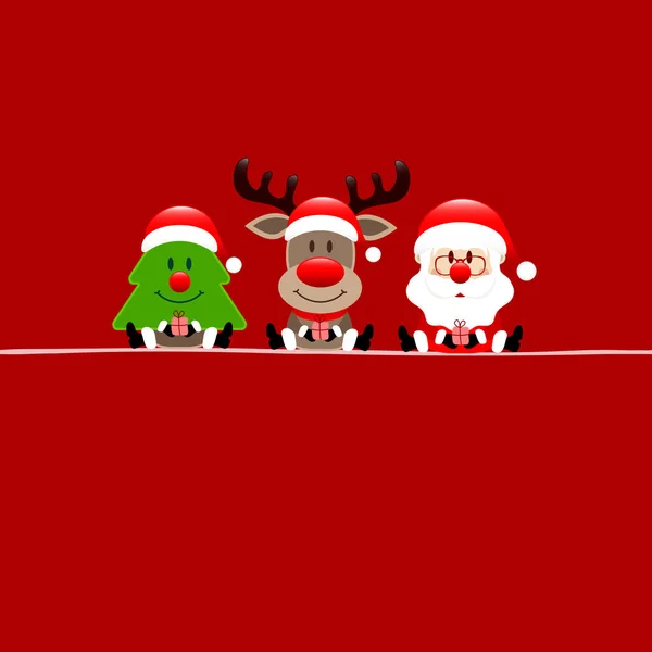 Square Christmas Card Tree Reindeer Santa Red — Stock Vector