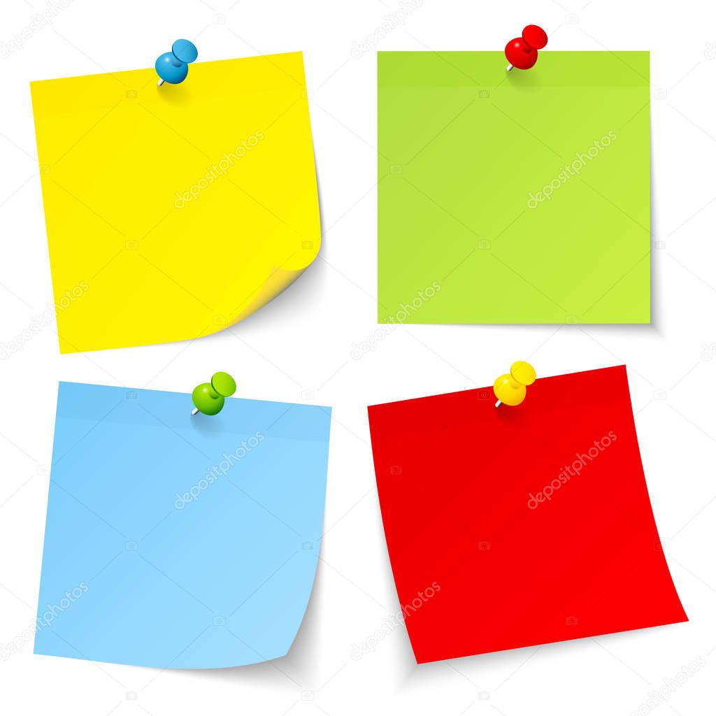 Set Of Four Colorful Sticky Notes With Pins And Shadow