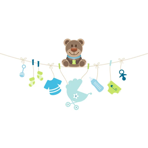 Teddy Sitting String Curve Hanging Baby Icons Boy — стоковый вектор
