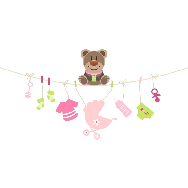 Teddy Sitting String Curve Hanging Baby Icons Girl — стоковый вектор