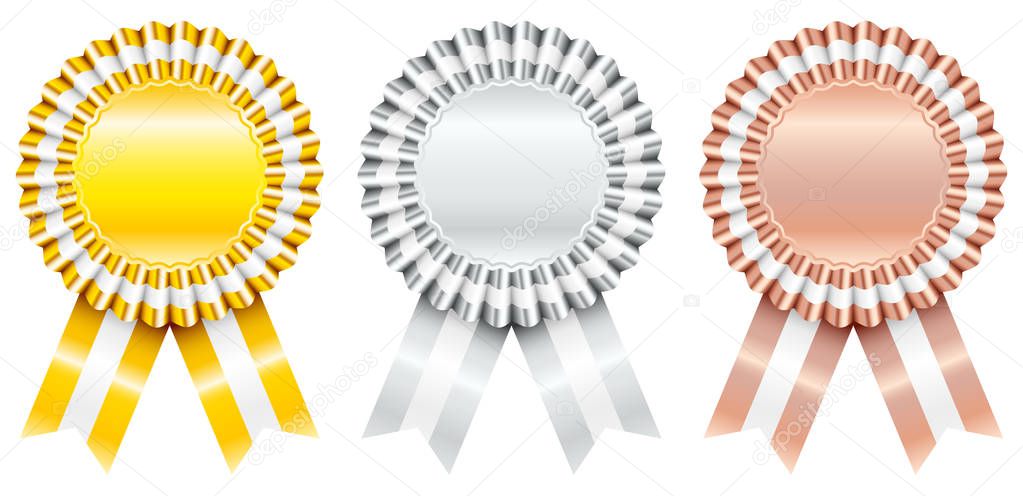 Set Of Three Award Badges Gold Silver Bronze With Striped Ribbon