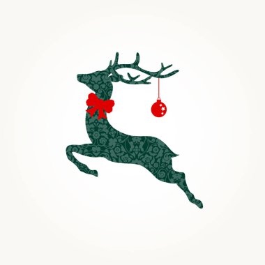 Noel Kartı Yeşil Ren Geyiği Süskırmızı Yay