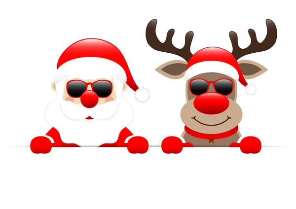 Santa Claus Renos Gafas Sol Sosteniendo Bandera Horizontal — Vector de stock