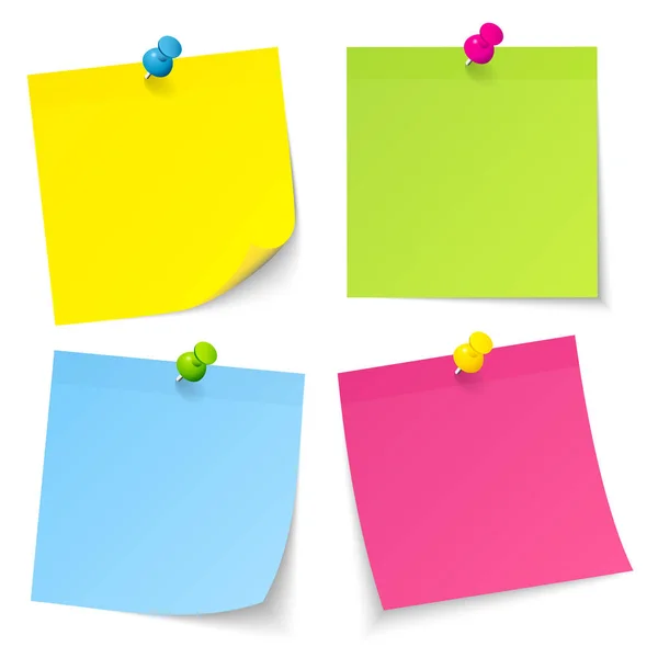 Set Van Vier Sticky Notes Met Pinnen Geel Groen Blauw — Stockvector