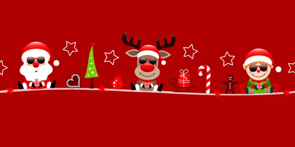 Banner Santa Renos Elfos Gafas Sol Navidad Iconos Rojo — Vector de stock