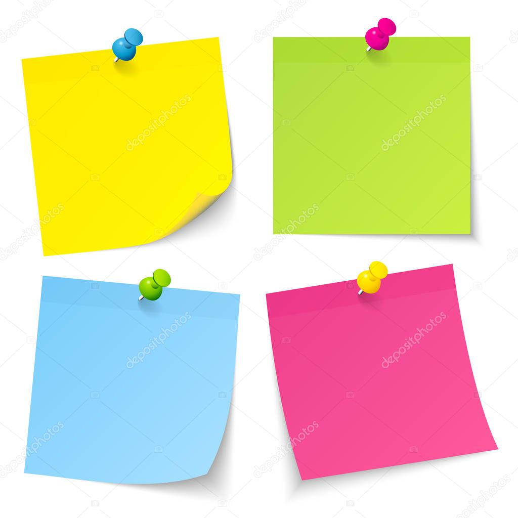 Set Of Four Sticky Notes With Pins Yellow Green Blue Pink