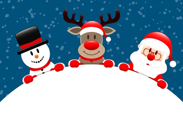 Snowman Renifer Santa Okrągły Banner Snow Ciemny Niebieski — Wektor stockowy