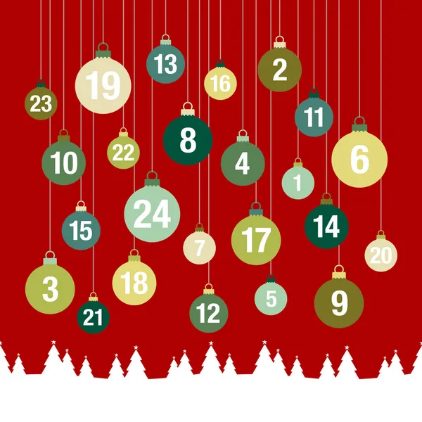 Calendário Advento Quadrado Natal Baubles Floresta Vermelho Verde — Vetor de Stock