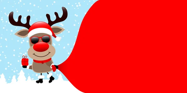 Reindeer Sunglasses Gift Pulling Gift Bag Forwards Forest Blue — Stock Vector