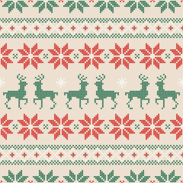 Бесшовный Узор Рождество Норвежский Стиль Сшивания Красно Зеленый Белый Бежевый — стоковый вектор