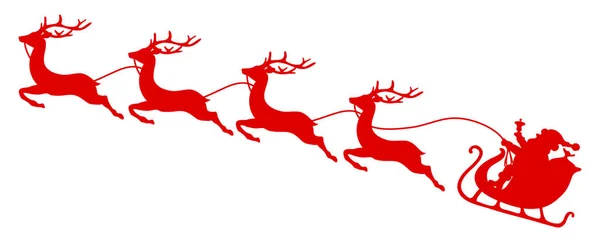 Silhouette Red Christmas Sleigh Santa Quattro Renne Volanti — Vettoriale Stock