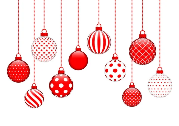 Carte Dix Boules Noël Suspendues Motif Rouge Blanc — Image vectorielle