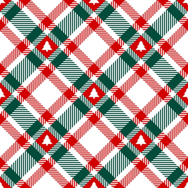 Seamless Pattern Christmas Diagonal Check Christmas Tree Red Green White — Stock Vector