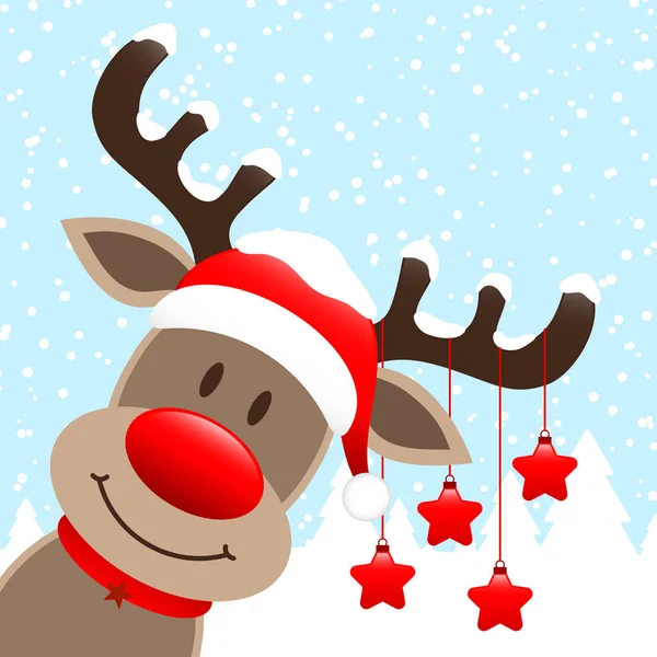 Single Reindeer Christmas Stars Winter Forest Snow Blue — Stock Vector
