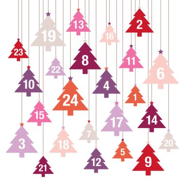 Advent Takvim Asılı Noel Ağaçları Kırmızı Mor Pembe Turuncu