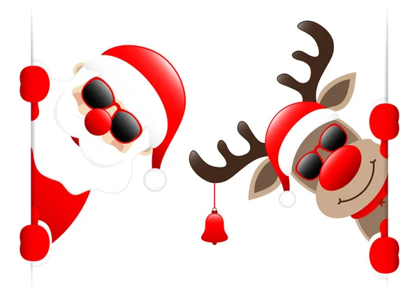 Santa Reno Con Gafas Sol Bell Mirando Dentro Banner — Vector de stock