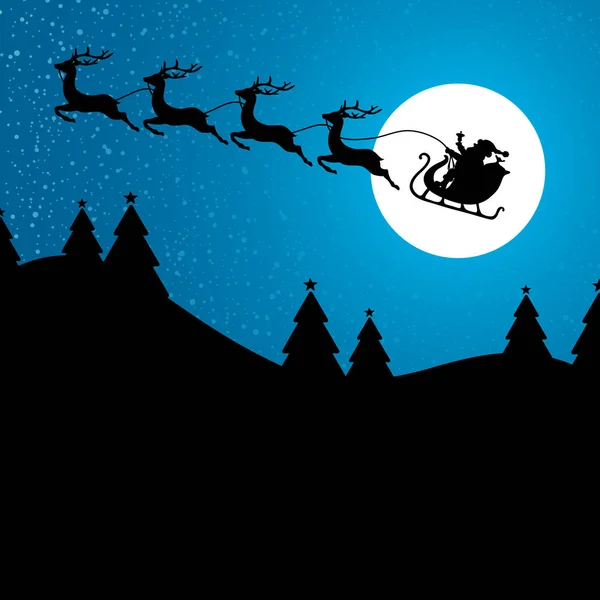 Flying Christmas Sleigh Night Moon Forest Blue Background — Stock Vector