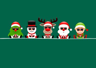Koyu Yeşil Kart Ağaç Kardan Adam Ren geyiği Santa Ve Güneş Gözlüğü ile Elf