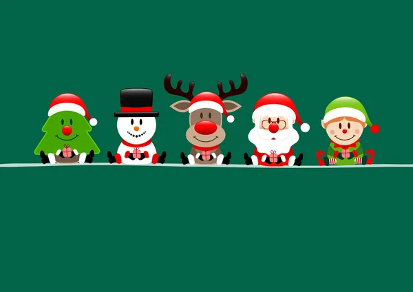 Dark Green Card Tree Snowman Rindeer Santa Elf — стоковый вектор