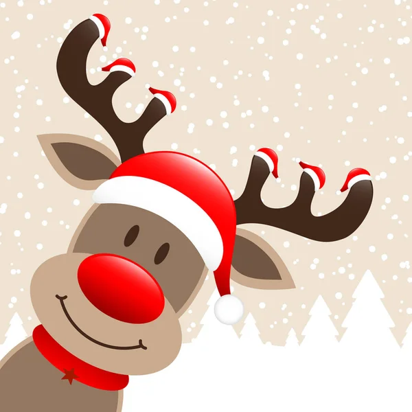 Reindeer Seven Hats Winter Forest Snowfall Background Beige — Stock Vector