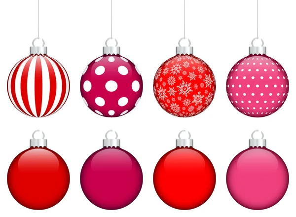 Conjunto Oito Baubles Natal Padrão Rosa Vermelho Monocromático — Vetor de Stock