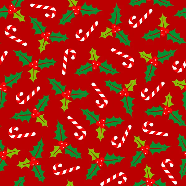 Big Seamless Pattern Holly Candy Canes Red Green White — стоковый вектор