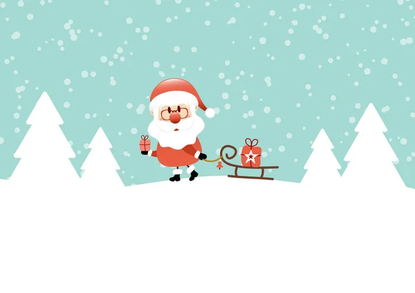 Père Noël Avec Traîneau Traction Cadeau Neige Forêt Turquoise — Image vectorielle