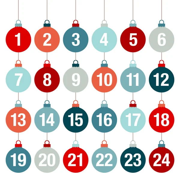 Calendrier Avent Suspendus Boules Noël Lignes Rouge Bleu — Image vectorielle