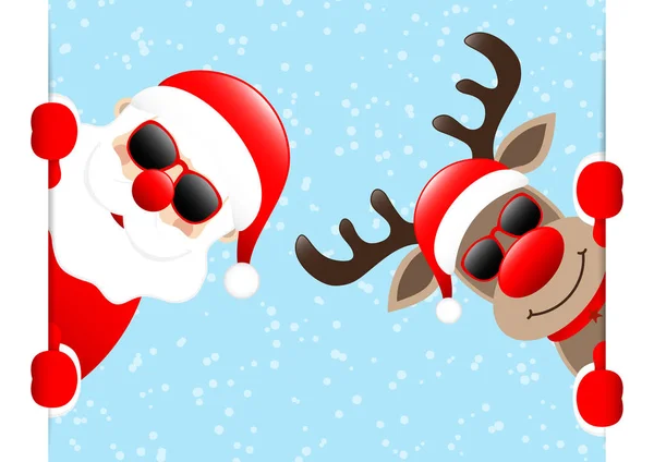 Weihnachtsmann Und Rentier Sonnenbrille Banner Schnee Hellblau — Stockvektor
