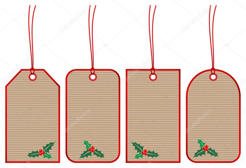 Set Of Four Christmas Hangtags Holly On Brown Paper With Red Frame