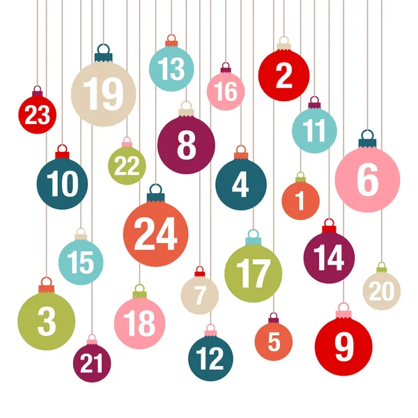 Calendario Dell Avvento Quadrato Colorato Natale Baubles Design Piatto — Vettoriale Stock