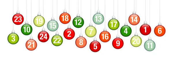 Banner Avvento Calendario Appeso Lucido Baubles Natale Rosso Verde — Vettoriale Stock