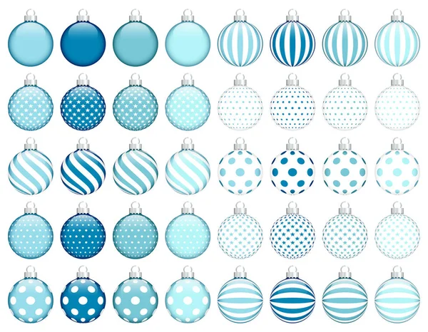 Set Von Vierzig Christbaumkugeln Mit Muster Blau Weiß Silber — Stockvektor