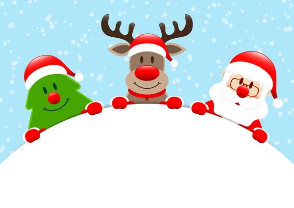Weihnachtsbaum Rentiere Und Weihnachtsmann Rundes Banner Schneeblau — Stockvektor