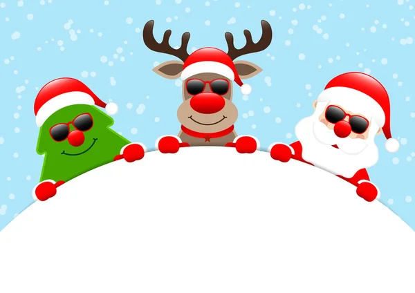 Christmas Tree Renifer Santa Claus Okulary Okrągłe Banner Snow Niebieski — Wektor stockowy