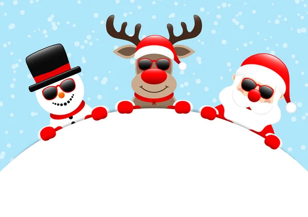 Schneemann Rentiere Und Weihnachtsmann Sonnenbrille Rundes Banner Schneeblau — Stockvektor