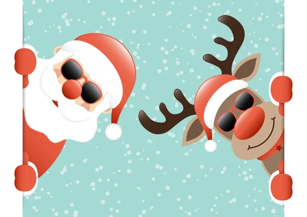 Weihnachtsmann Und Rentier Sonnenbrille Banner Schnee Türkis — Stockvektor