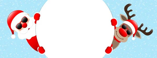 Weihnachtsmann Und Rentier Sonnenbrille Rundes Banner Außerhalb Schneeblau — Stockvektor
