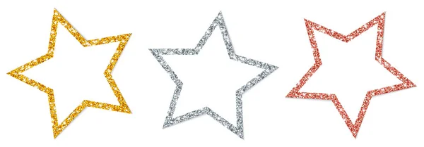 Ensemble Trois Étoiles Torsadées Encadrées Étincelantes Argent Cuivre — Image vectorielle
