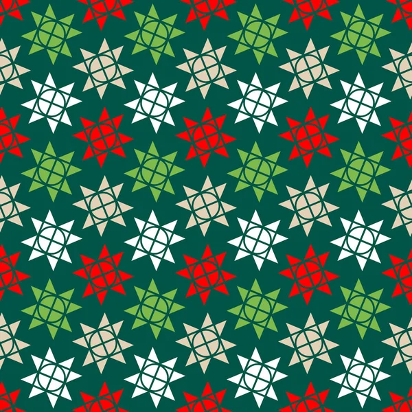 Бесшовный Узор Маленькие Графические Рождественские Звезды Зеленый Красный Белый Бежевый — стоковый вектор
