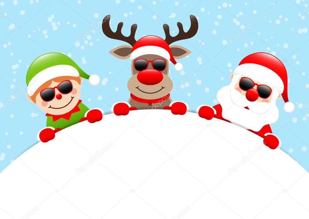 Elf Reindeer And Santa Claus Sunglasses Holding Round Banner Snow Blue