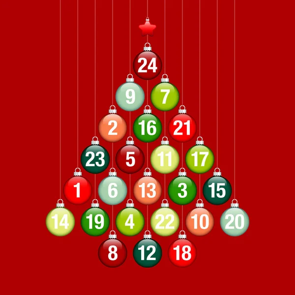 Abstracte Boom Adventkalender Van Hangende Glanzende Kerstballen Rood Groen — Stockvector