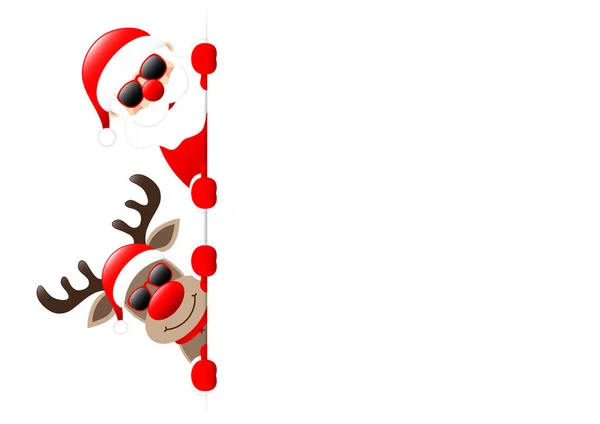 Kerstman Rendieren Zonnebril Kijken Linksbuiten Banner — Stockvector