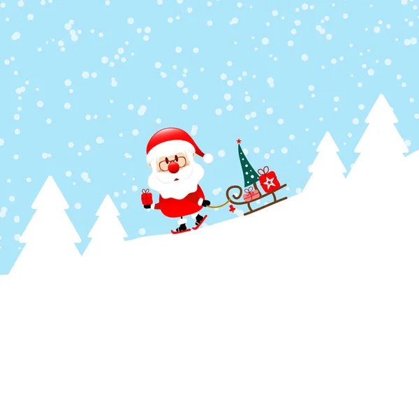 Santa Claus Rides Ski Avec Traîneau Descente Dans Forêt Neige — Image vectorielle