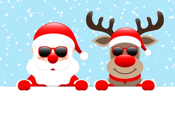 Weihnachtsmann Und Rentier Sonnenbrille Horizontal Banner Schneeblau — Stockvektor